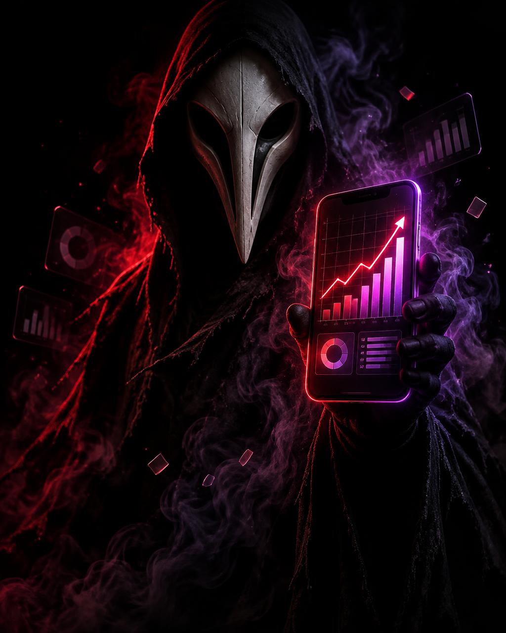 Personagem mascarado em atmosfera dark segurando um celular com gráficos de crescimento